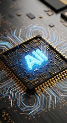 Close-up view of a computer microchip with the word "AI" illuminated in glowing blue light, showcasing intricate circuit patterns.