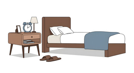 Modern Bedroom Interior Illustration with Single Bed, Nightstand, Lamp, Alarm Clock, and Slippers on White Background