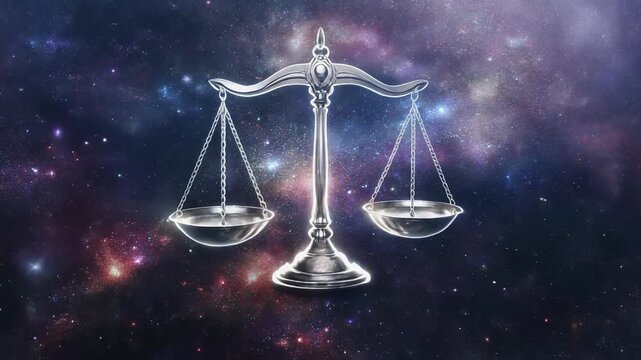 Silver Libra zodiac scales glowing in cosmic galaxy background with mystical balance