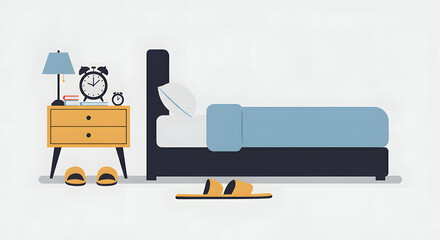 Simple Flat Design Bedroom Interior with Bed, Nightstand, and Slippers Illustration