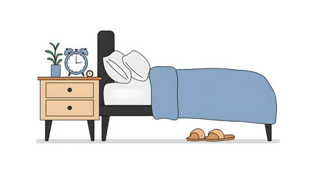 Minimalist bedroom interior with bed, nightstand, alarm clock, and slippers. Cozy flat illustration for sleep, rest, and morning routine.