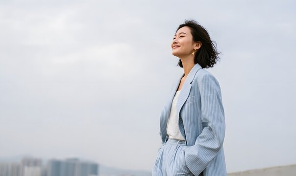 a young Asian woman in a light blue suit, standing on a rooftop in a modern city, right side of the frame, side profile, looking up with a hopeful smile