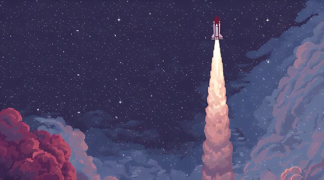 Pixel shuttle blasts off through fiery clouds
