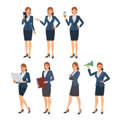 Set of female secretary character. Businesswoman in various actions and poses on a white background. Vector illustration
