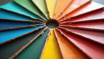 Circular fan of color swatches displays primary secondary and tertiary hues. Samples arranged by shade form radial pattern. Material choice offers unique texture.