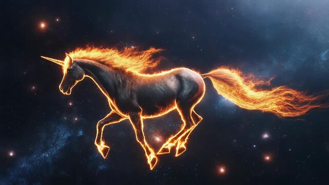 Mythical unicorn made of fire galloping through the cosmic sky with flames trailing its mane and tail
