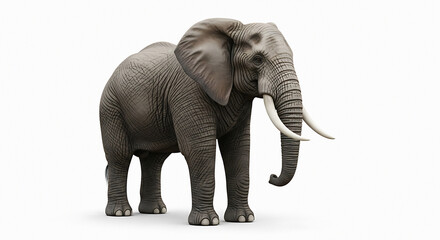 Obraz premium A detailed 3 D rendering of a large gray elephant standing with prominent tusks and large ears on a plain white background