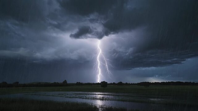 Powerful lightning bolt striking during heavy rainstorm under dark clouds over a rural landscape at night
