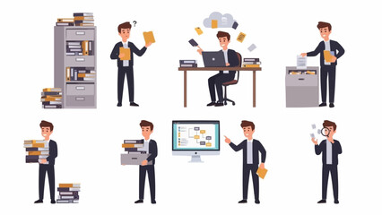 Set of illustrations depicting a man organizing documents and working with files.