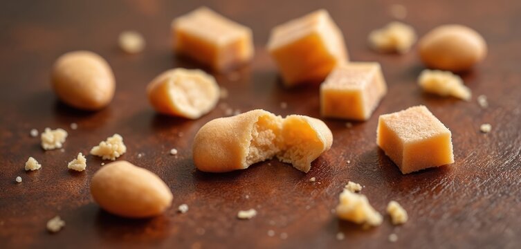 Peanut candy pacoca cubes and balls scattered on brown surface. One candy is broken showing crumbly texture inside. Traditional sweet snack.