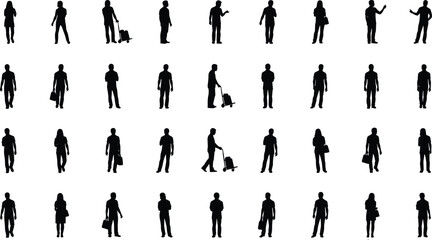 Large collection of male and female walking silhouettes with luggage bags and trolley in travel commuting and business poses isolated on white background