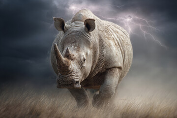 Obraz premium A rhinoceros runs through a field during a storm.
