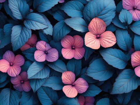 Close-up of vibrant pink hydrangeas nestled within lush, textured blue leaves. Use it for backgrounds, branding, or creative floral design projects.