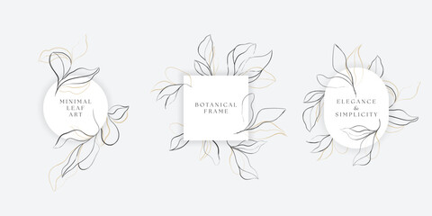 Three minimalist white frames with shadow featuring hand-drawn, overlapping leaves and branches in a sketch style