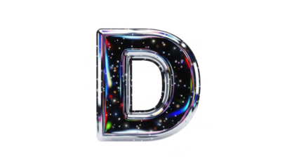 Shiny metallic letter d with colorful reflections and bubbles isolated on transparent background