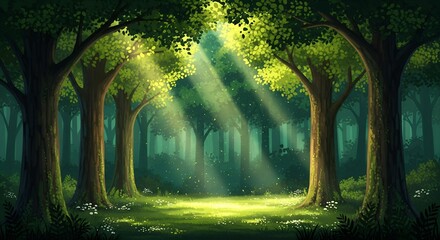 A serene forest with sunlight filtering through the trees, gentle mist, and lush greenery, illustration background