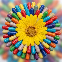 Colorful capsules arranged in a circular pattern around a bright yellow flower.