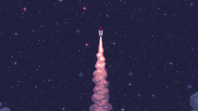 Pixelated rocket launch against a starry, cloudy night sky