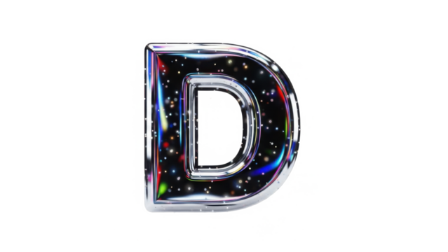 Shiny metallic letter d with colorful reflections and bubbles isolated on transparent background - Powered by Adobe