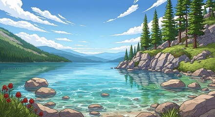 Scenic view of Lake Tahoe on a sunny day, Nevada, California, during sunrise or sunset in landscape comic style