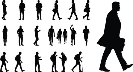 People silhouette collection with walking standing talking waving and phone using men and women in urban daily activity poses isolated