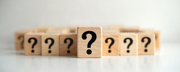 Wooden blocks with question marks arranged on table. Many query symbols indicate confusion or unsolved problems. Seeking for answers, solutions, or help with doubts.