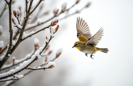 Goldcrest bird with yellow plumage flies near snow covered tree branch in winter. Tiny songbird with spread wings searches for food. Small passerine bird in flight during cold season.