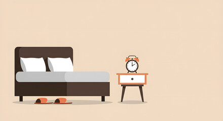 Minimalist Flat Design Bedroom Interior with Bed, Nightstand, Alarm Clock, and Slippers