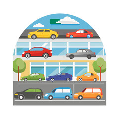 Automobiles of different shapes and colors in shopping mall parking. Sports car, convertible, suv, hatchback icons. Vehicle, means of transportation in city and nature. Types of passenger cars
