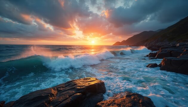Ocean waves crash on rocky coast during sunset. Sun sets over the sea horizon painting sky with warm colors. Mountains stand on background near wild seashore. - Powered by Adobe