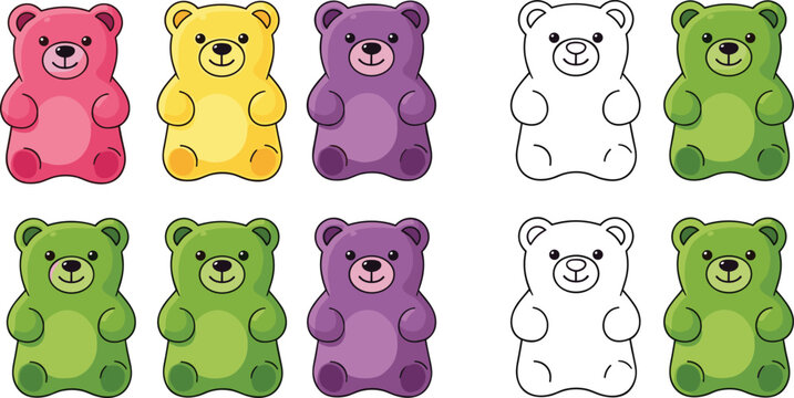 Gummy bear grid, colorful candy icon, cartoon bear illustration, pattern recognition activity, kids coloring sheet, flat vector illustration