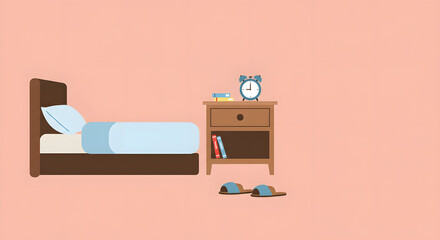 Minimalist Flat Design Bedroom Interior with Bed, Nightstand, Alarm Clock & Slippers