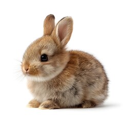 Obraz premium Baby rabbit sitting calmly, fluffy fur texture, isolated on pure white background, 16:9.