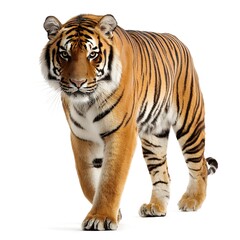 Fototapeta premium Tiger full-body portrait, sharp stripes, isolated on pure white background, 16:9.