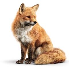 Obraz premium Red fox sitting and looking forward, ultra-realistic fur detail, pure white background, 16:9.