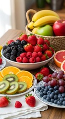 A vibrant display of fresh fruits, sliced and whole, arranged attractively on plates and in bowls, showcasing a variety of colors and textures.