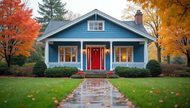 Blue suburban home with red front door surrounded by autumn trees. Neat green lawn and walkway lead to inviting residential entrance. Cozy house exterior offers shelter during fall season. - Powered by Adobe