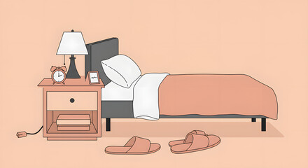 Minimalist bedroom illustration featuring a cozy bed, nightstand with lamp and alarm clock, and soft slippers on the floor. Vector art for rest.