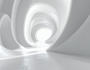 Fototapeta premium Futuristic White Tunnel with Abstract Curves and Bright Light at the End.