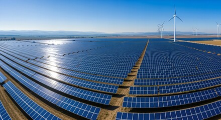 Vast Solar Panel Field with Wind Turbine under Clear Blue Sky.