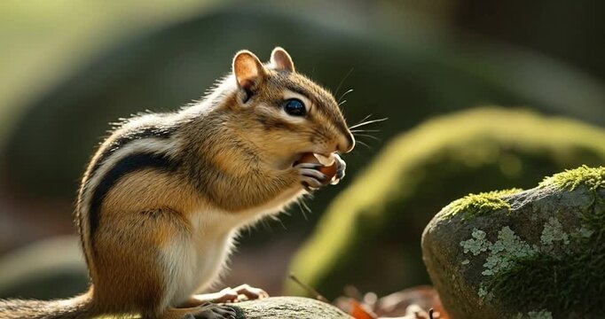 A chipmunk sitting on a moss-covered rock, nibbling on a nut in a serene forest setting