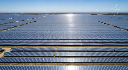 Vast Solar Panel Field with Reflective Surface and Wind Turbines Under Clear Sky.