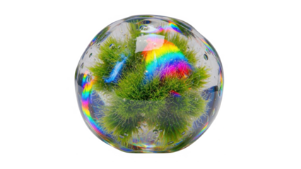 A vibrant green moss terrarium encased within a clear oval glass orb reflecting a bright rainbow spectrum isolated on transparent background