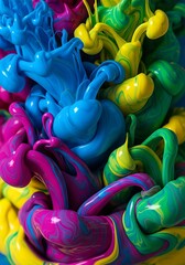 Vibrant Abstract Paint Swirls and Splashes in Blue, Green, Yellow, and Magenta Hues.