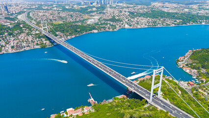 Istanbul, Turkey. Fatih Sultan Mehmet Bridge is a suspension bridge across the Bosphorus Strait, between Europe and Asia. Sunny day, Aerial View