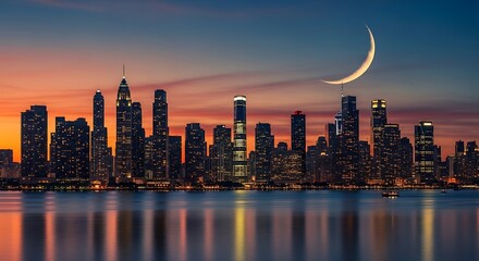 A city skyline bathed in the warm hues of sunrise, with a crescent moon in the inky twilight sky, reflects in calm waters.