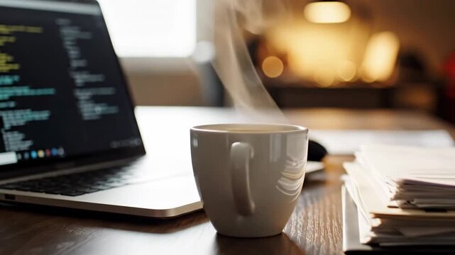 Coding and Coffee A Productive Workspace Scene.