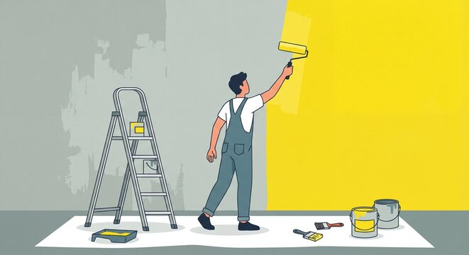 Illustration of a house painter rolling yellow paint onto a gray wall. Home renovation, DIY project, and construction work concept.