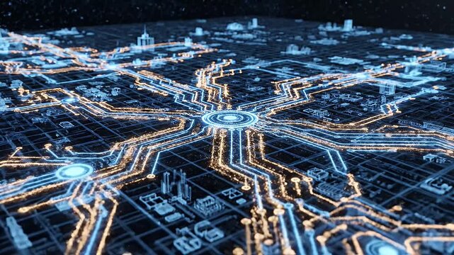 Futuristic digital motherboard circuit board with glowing data lines flowing into a central network hub, cinematic 3D render footage of cyber city infrastructure.