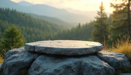 A flat stone podium rests on rugged rocks amid a lush forest. Mountains form a serene blue horizon under soft, warm daylight. This natural display offers a perfect stage for product showcases.